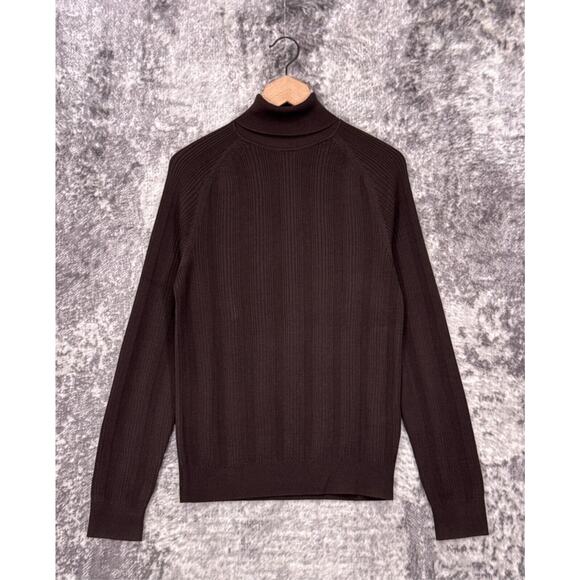 Boss Hugo Boss Sweater Large Mens Brown Silk Blend Knit Slim Fit Turtleneck - Picture 1 of 9